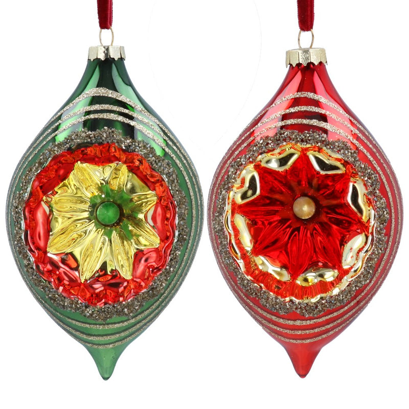 Red, gold and green glass olive-shape Christmas decorations, 2 assorted designs – Gisela Graham