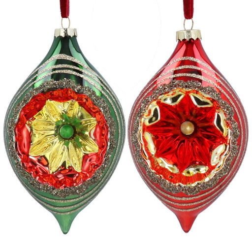 Red, gold and green glass olive-shape Christmas decorations, 2 assorted designs – Gisela Graham