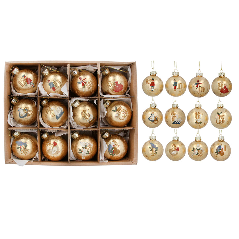 12 Days of Christmas Glass Baubles (Box of 12)