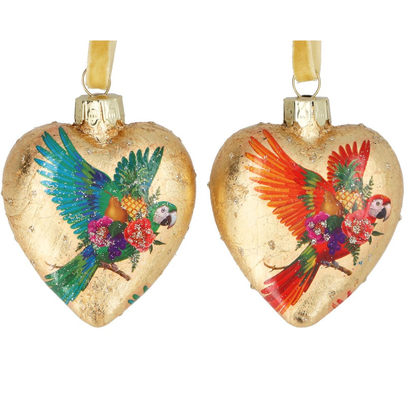 Gold foil parrot glass heart Christmas decorations, 2 assorted designs – Gisela Graham