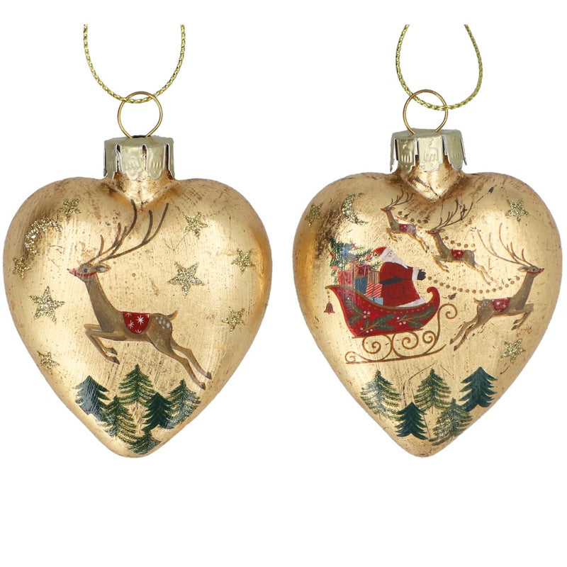 Gold nostalgia sleigh glass heart Christmas decorations, 2 assorted designs – Gisela Graham
