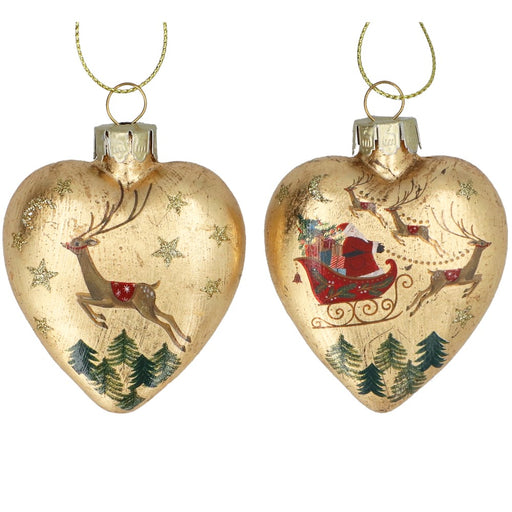 Gold nostalgia sleigh glass heart Christmas decorations, 2 assorted designs – Gisela Graham