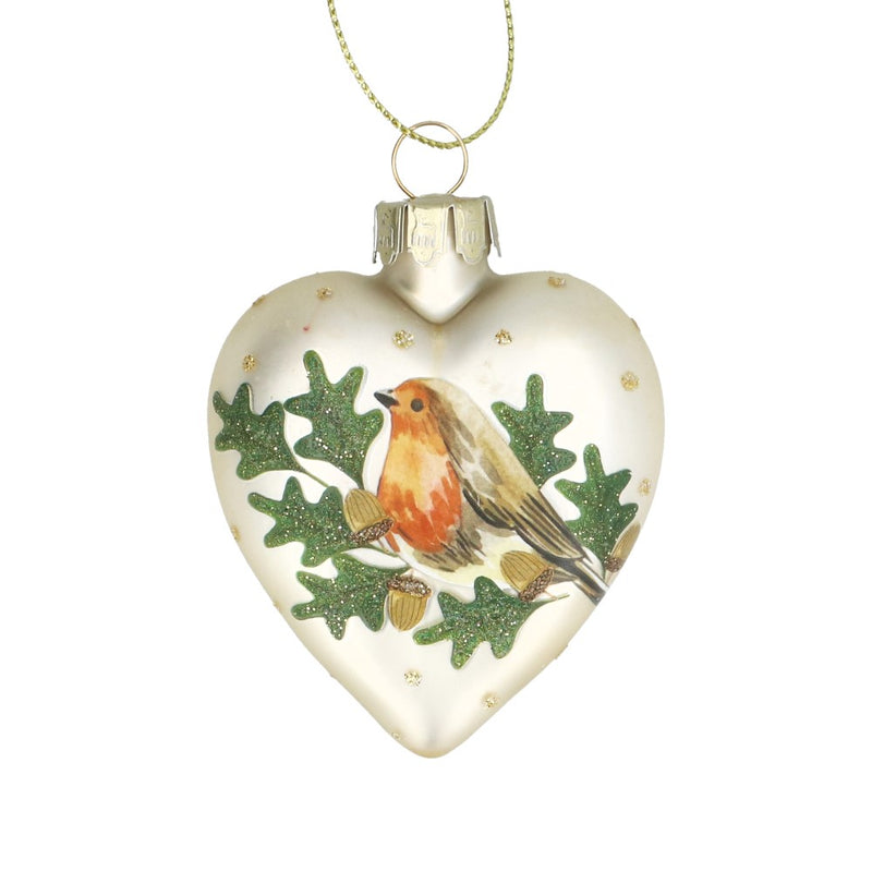 Pale gold robin in oak glass heart Christmas decoration – Gisela Graham