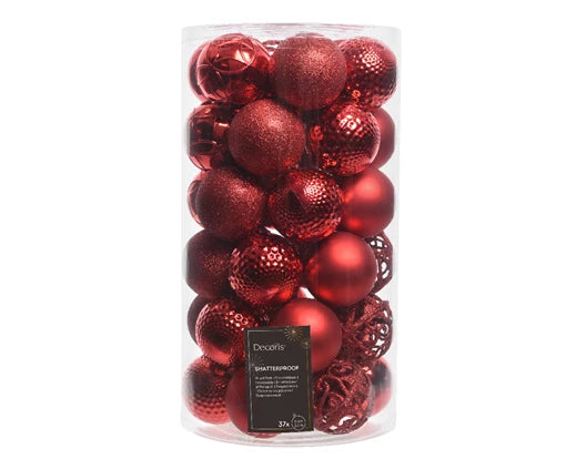 37 Pack Shatterproof Baubles Set With Matt, Shiny, Glitter Mix Red 6cm