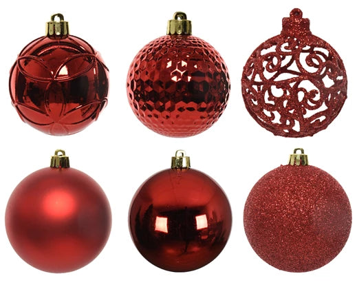 37 Pack Shatterproof Baubles Set With Matt, Shiny, Glitter Mix Red 6cm