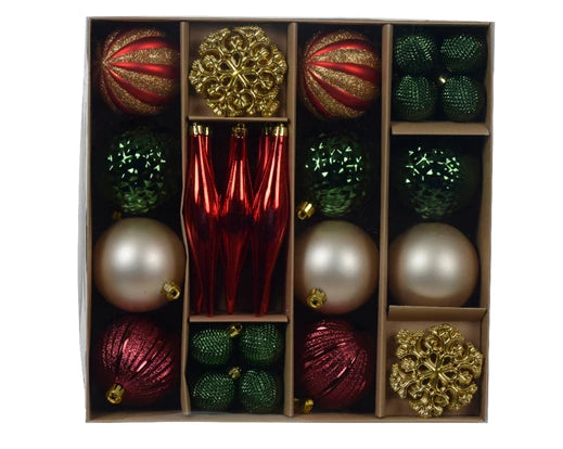 46 Pack Shatterproof Baubles Set With Matt, Shiny, Glitter Mix Green, Gold & Red 6cm to 8cm