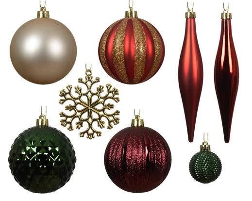 46 Pack Shatterproof Baubles Set With Matt, Shiny, Glitter Mix Green, Gold & Red 6cm to 8cm