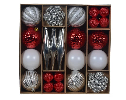 46 Pack Shatterproof Baubles Set With Matt, Shiny, Glitter Mix Red, White & Silver 6cm to 8cm