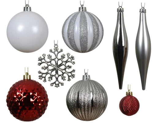 46 Pack Shatterproof Baubles Set With Matt, Shiny, Glitter Mix Red, White & Silver 6cm to 8cm