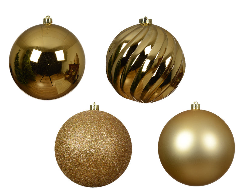 4 Pack Shatterproof Baubles Set With Matt, Shiny, Glitter Mix Gold 14cm