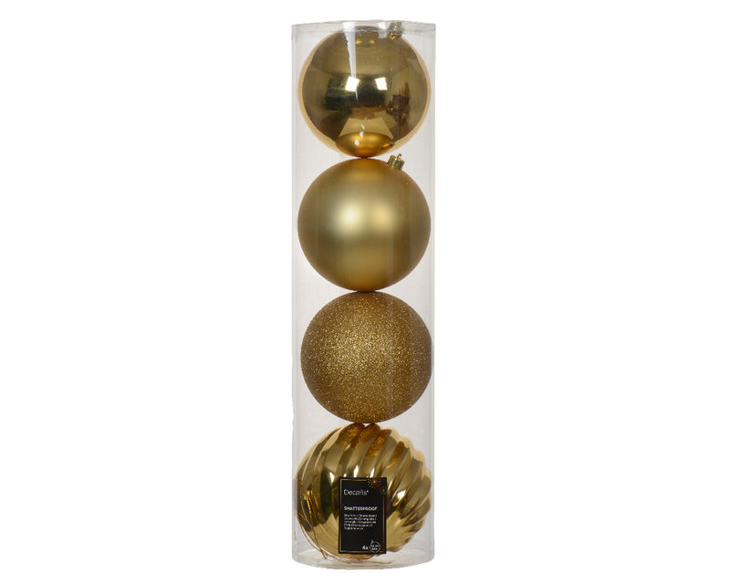 4 Pack Shatterproof Baubles Set With Matt, Shiny, Glitter Mix Gold 14cm