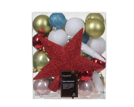 33 Pack Shatterproof Baubles, Icicles & Tree Topper Multicolour 5cm to 8cm