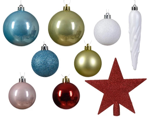 33 Pack Shatterproof Baubles, Icicles & Tree Topper Multicolour 5cm to 8cm