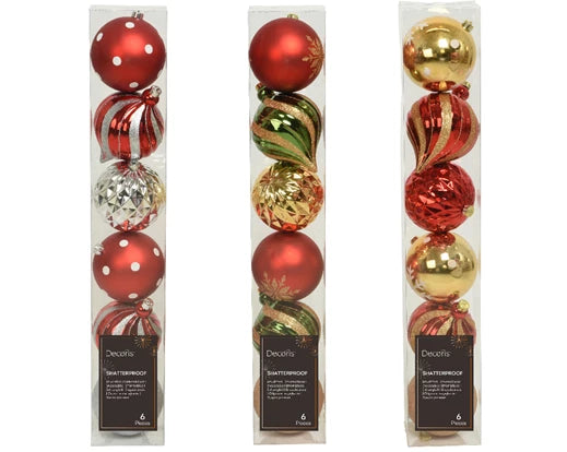 6 Pack Shatterproof Baubles Set Shiny, Matt & Glitter Mix Colours 15cm