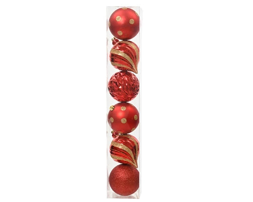 6 Pack Shatterproof Baubles Set with Shiny, Matt, Glitter Mix Red 15cm