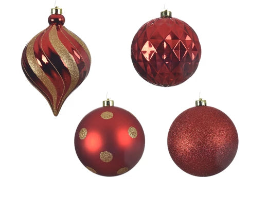 6 Pack Shatterproof Baubles Set with Shiny, Matt, Glitter Mix Red 15cm