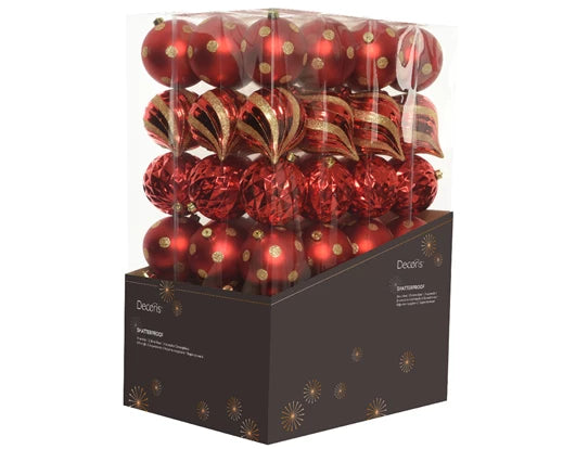 6 Pack Shatterproof Baubles Set with Shiny, Matt, Glitter Mix Red 15cm