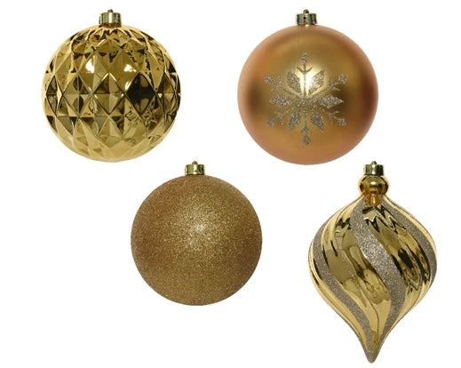 6 Pack Shatterproof Baubles Set with Shiny, Matt, Glitter Mix Gold 15cm
