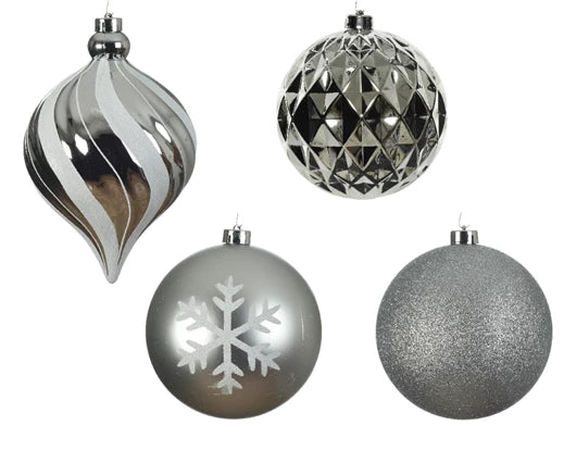 6 Pack Shatterproof Baubles Set with Shiny, Matt, Glitter Mix Silver 15cm