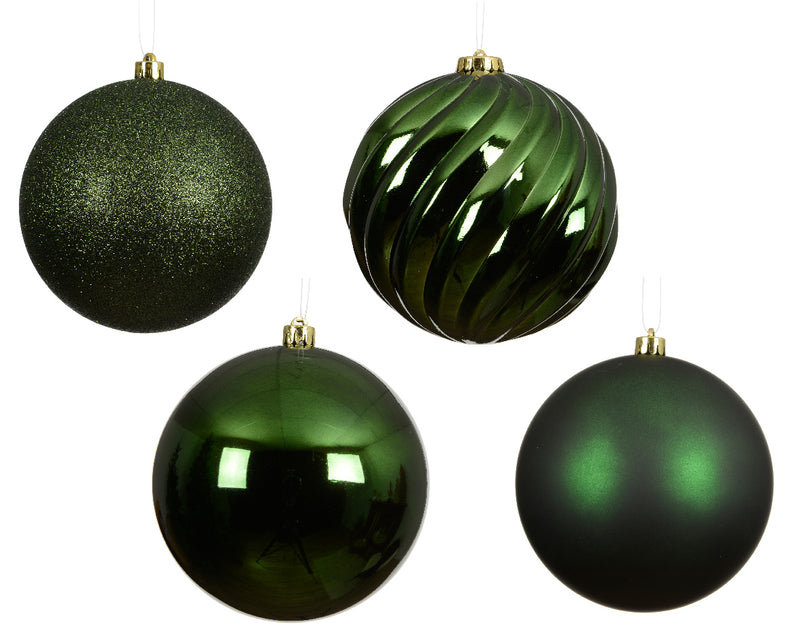 4 Pack Shatterproof Baubles Set With Matt, Shiny, Glitter Mix Pine Green 14cm