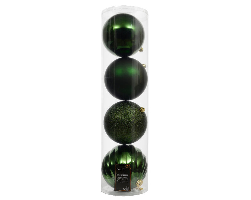 4 Pack Shatterproof Baubles Set With Matt, Shiny, Glitter Mix Pine Green 14cm