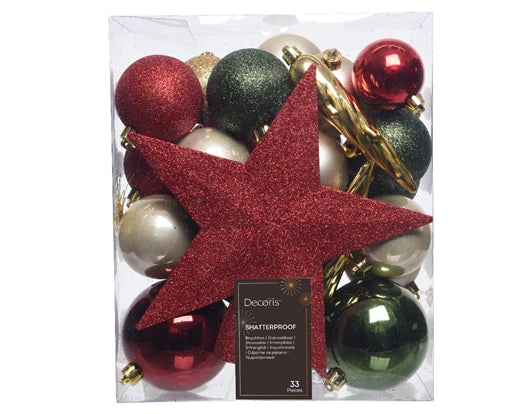 33 Pack Shatterproof Baubles, Icicles & Tree Topper Multicolour 5cm to 8cm