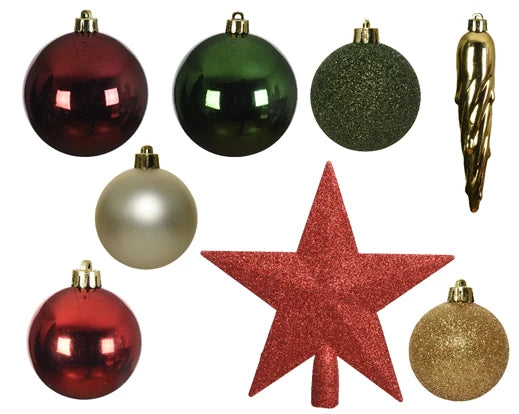 33 Pack Shatterproof Baubles, Icicles & Tree Topper Multicolour 5cm to 8cm