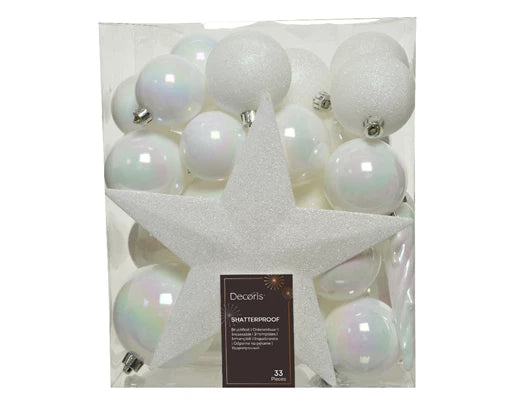33 Pack Shatterproof Baubles, Icles & Tree Topper Pearl White 5cm to 8cm