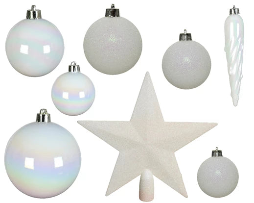 33 Pack Shatterproof Baubles, Icles & Tree Topper Pearl White 5cm to 8cm