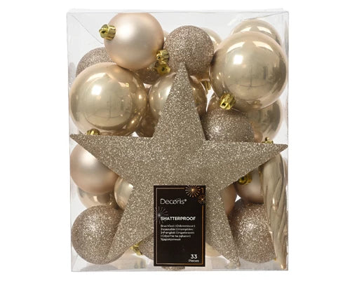 33 Pack Shatterproof Baubles, Icicles & Tree Topper Gold 5cm to 8cm