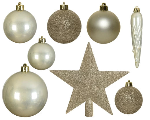 33 Pack Shatterproof Baubles, Icicles & Tree Topper Gold 5cm to 8cm