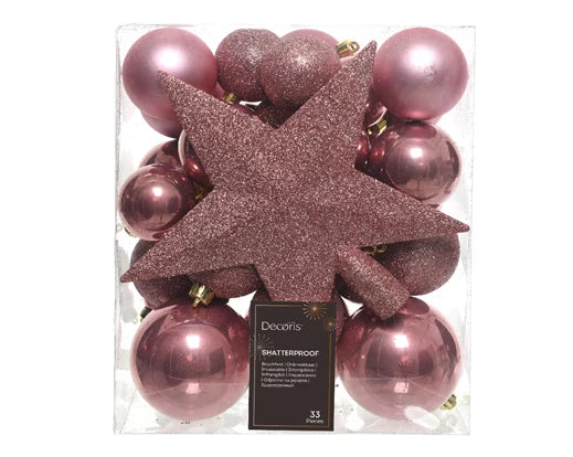 33 Pack Shatterproof Baubles, Icicles & Tree Topper Pink 5cm to 8cm