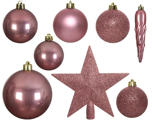 33 Pack Shatterproof Baubles, Icicles & Tree Topper Pink 5cm to 8cm