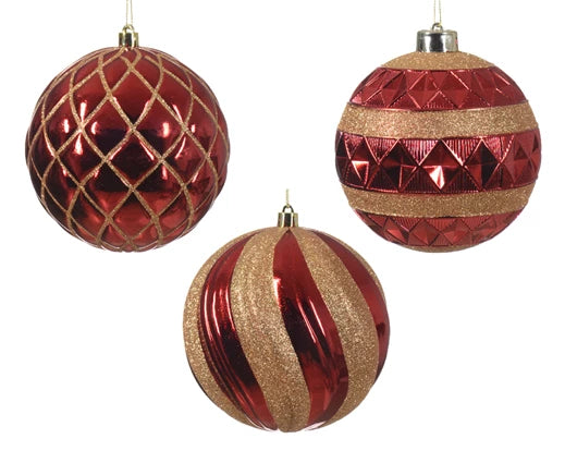 Bauble With Square, Swirls or Stripe Design | Red & Gold (12 cm)