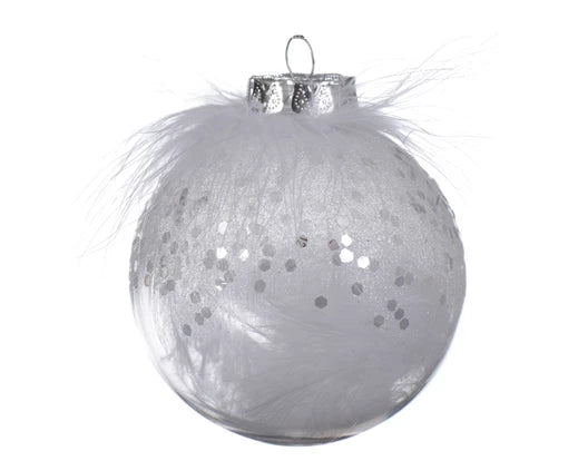 Bauble with White Feathers Shatter Proof (8cm)