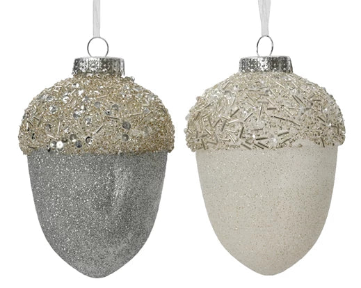 Christmas Bauble Pine Cone in White and Sliver with Glitter (12cm x 10cm) Sold individually