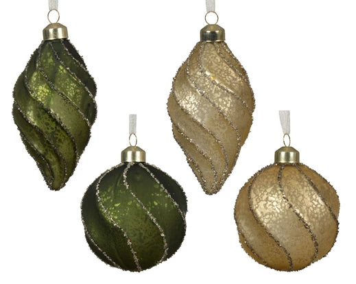 Christmas Hanging Glass Swirl Bauble Green/Gold (8cm)