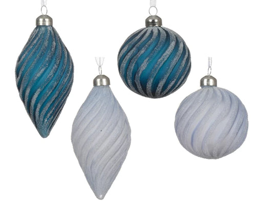 Hanging Christmas Bauble Snow Glass Swirls Blue/White (8cm)