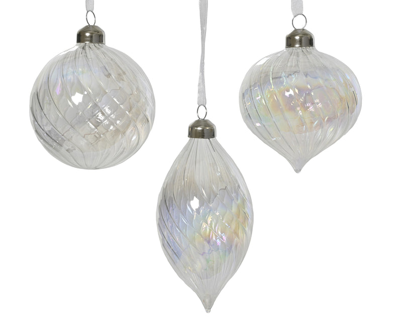 Glass Christmas Bauble Transparent Iridescent Olive Onion 8 cm – 3 Assorted Designs