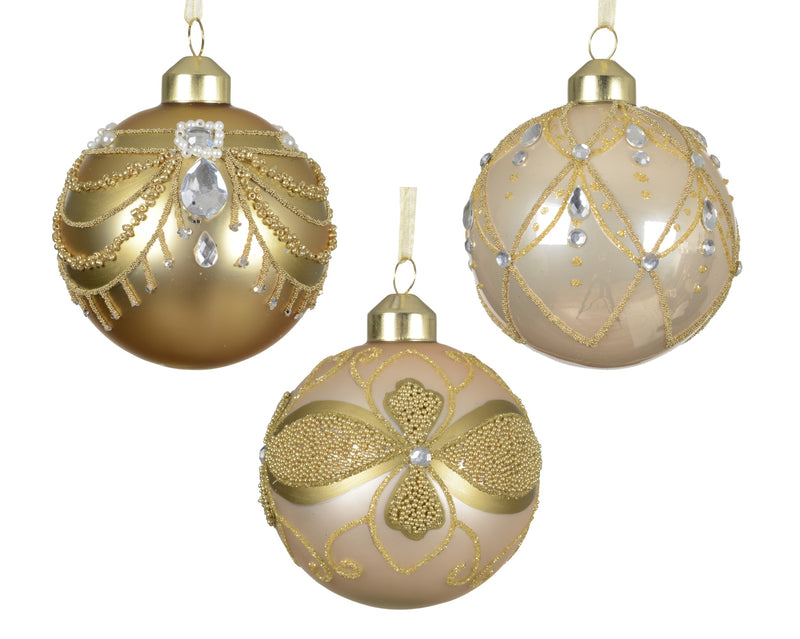 Glass Christmas Bauble Champagne Gold Round 8 cm – 3 Assorted Designs