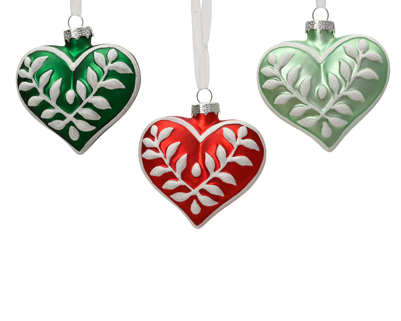 Glass Christmas Hanging Decoration Multicolour Heart 9.8 cm – 3 Assorted Colours
