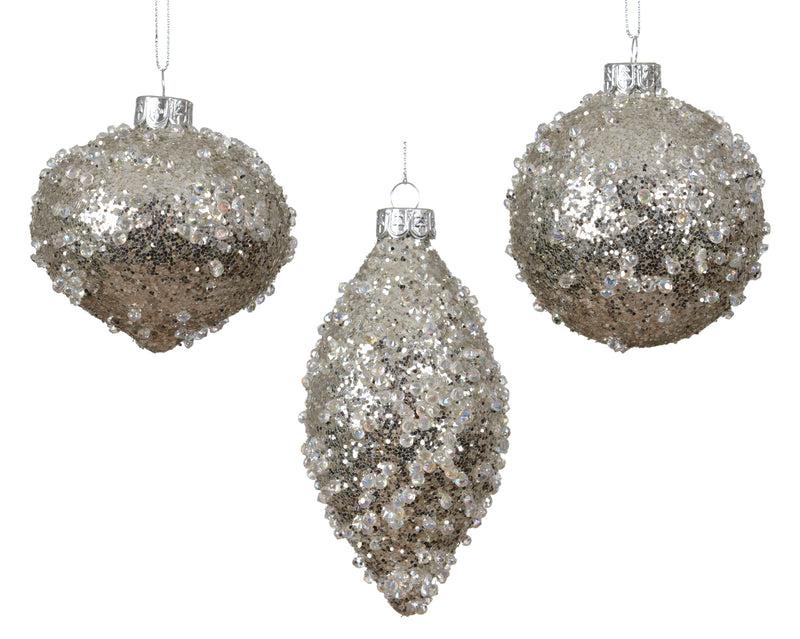 Glass Christmas Bauble Silver Mixed Shapes 8 cm – 3 Assorted Designs