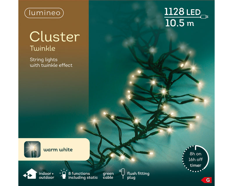 Lumineo Cluster Twinkle 1128 Warm White Christmas Lights Green Cable 10.5m