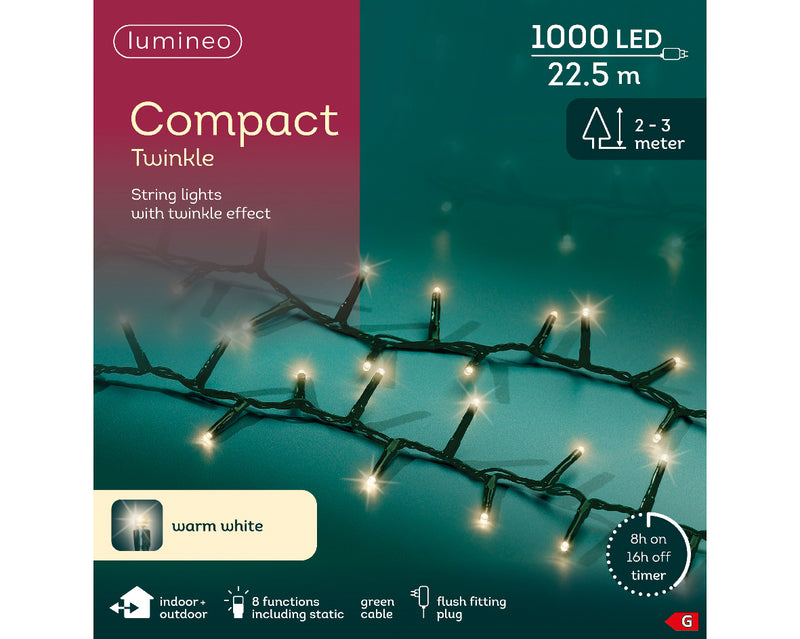 1000 Lumineo Compact Twinkle Warm White Christmas Lights With Green Cable 22.5m