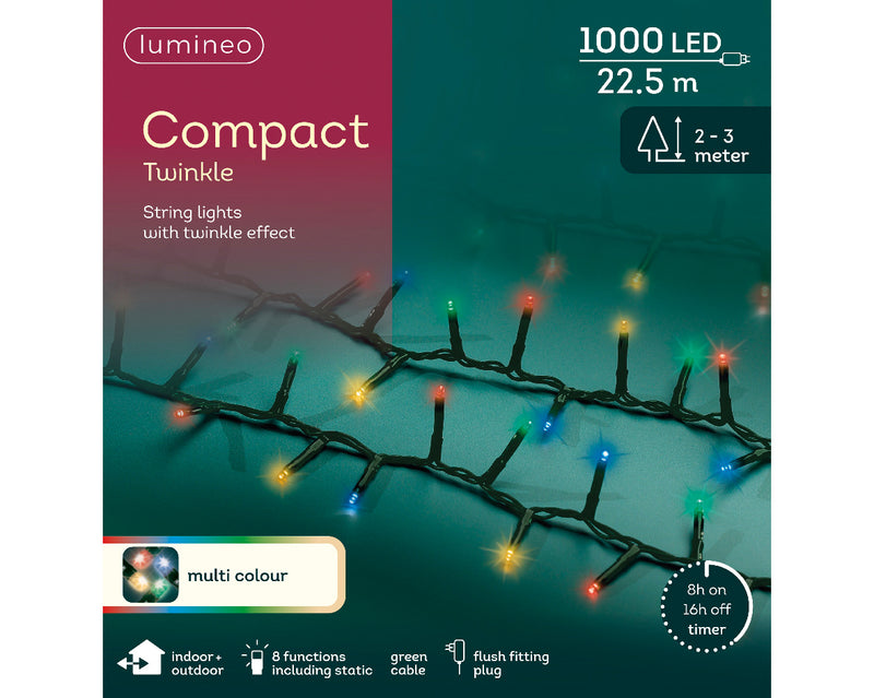1000 Lumineo Compact Twinkle Multi Colour Christmas Lights Green Cable 22.5m