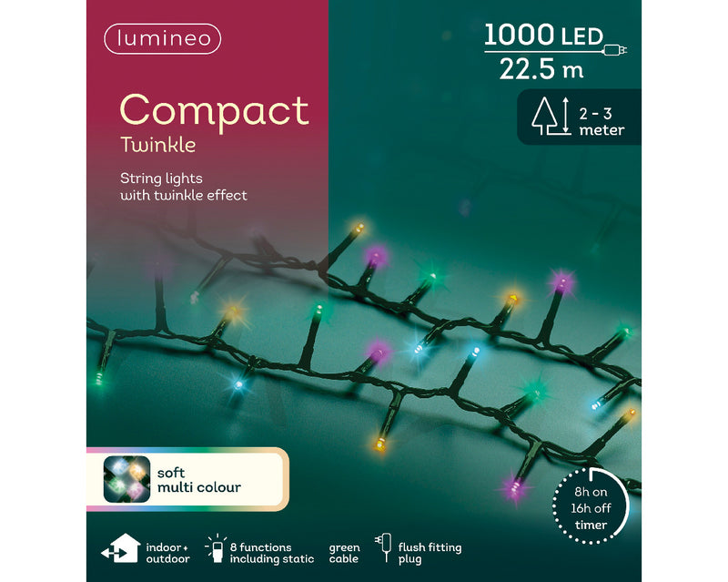 1000 Lumineo Compact Twinkle Soft Multicolour Christmas Lights With Green Cable 22.5m