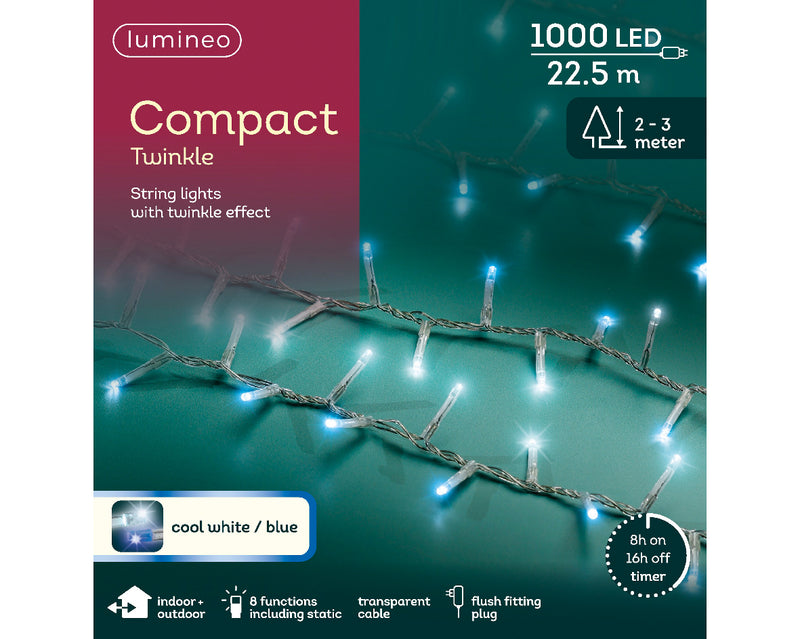1000 Lumineo Compact Twinkle Cool White/Blue Christmas Lights Transparent Cable 22.5m