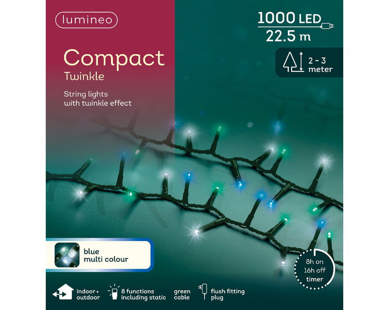 1000 Lumineo Compact Twinkle Multi-Blue Christmas Lights With Green Cable 22.5m