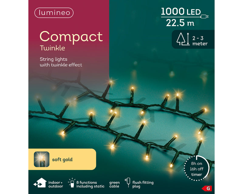 1000 Lumineo Compact Twinkle Soft Gold Christmas Lights With Green Cable 22.5m