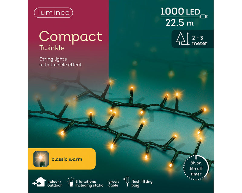 1000 Lumineo Compact Twinkle Classic Warm White Christmas Lights Green Cable 22.5m